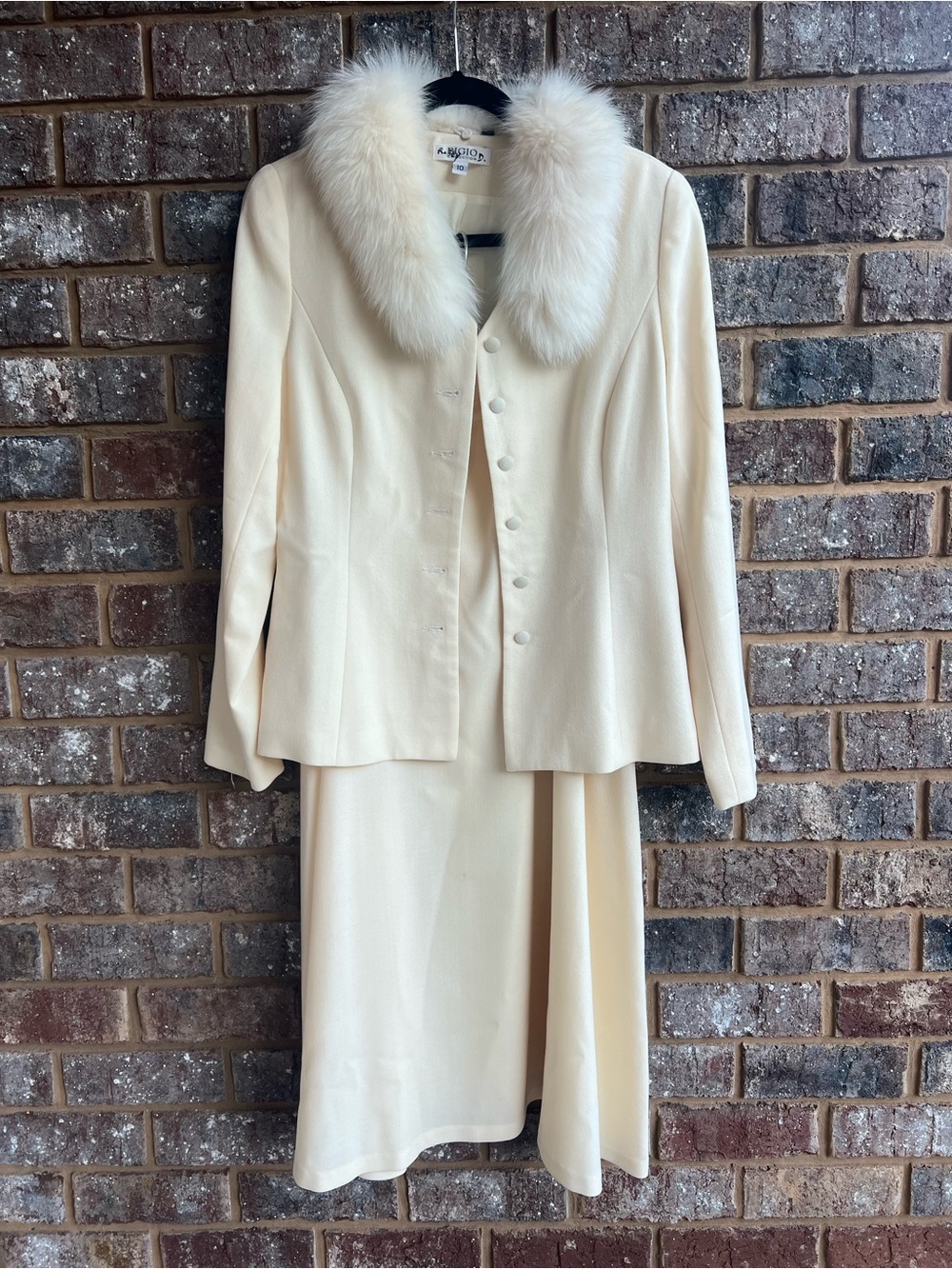 Neiman Marcus Cream Skirt Suit with Removable Fox Fur Collar